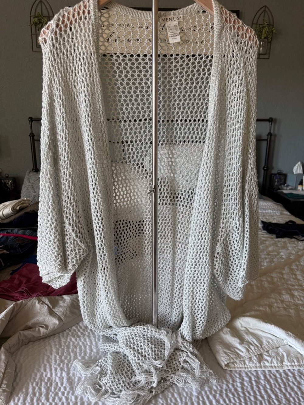 VENUS Open-Knit Fringe Duster Cardigan in silver with sparkly threading.